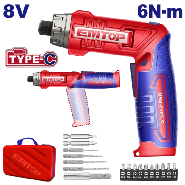 Surubelnita cu incarcare prin cablu USB, 8V, 6Nm, maner reglabil, 17 accesorii, geanta inclusa - ECSR0803, EMTOP