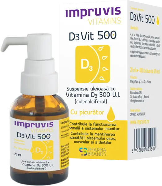 Suspensie uleioasa cu picurator Vitamina D3 D3Vit 500 U.I., 20ml, Pharma Brands