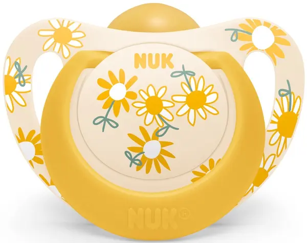 Suzeta din silicon Nuk - Star, 6-18 luni, galbena cu flori