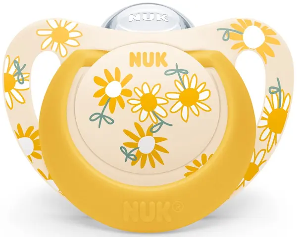 Suzeta din silicon Nuk - Star, peste 18 luni, galbena cu flori