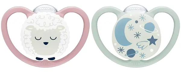 Suzete de silicon NUK - Space Night, Oaia, 0-6 m, 2 bucati + cutie