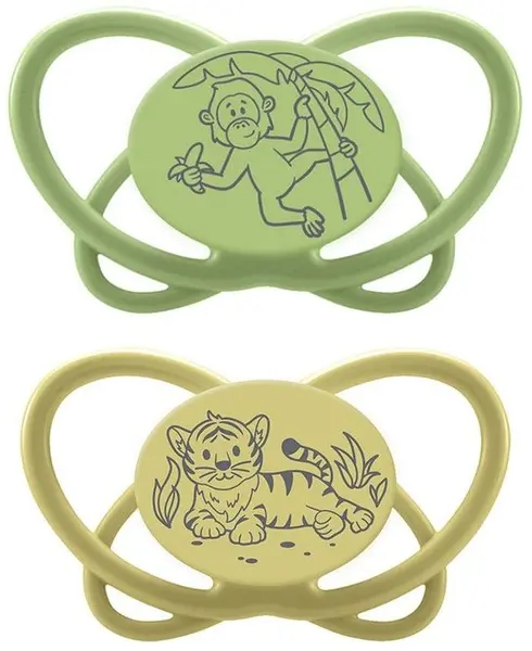 Suzete din silicon NIP Green - Maimuță și tigru, 0-6 m, 2 bucăți