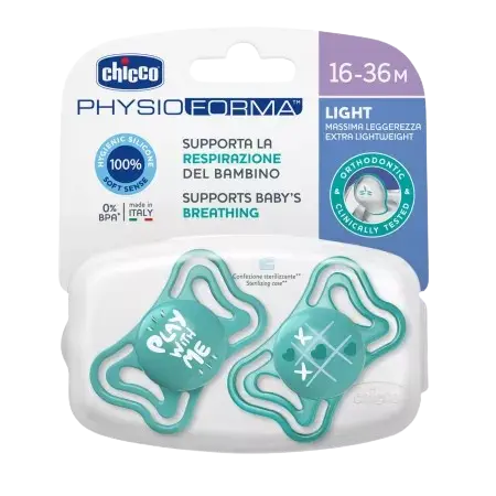 Suzete din silicon pentru copii 16-36 luni PhysioForma Light Glow Bleu, 2 bucati, Chicco