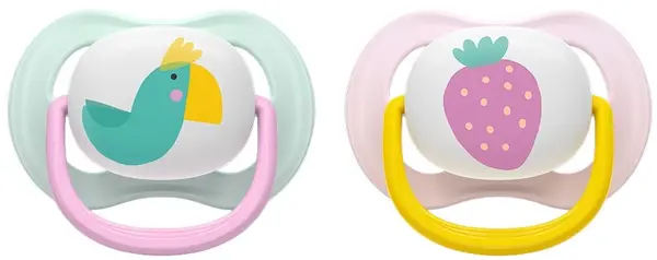 Suzete Philips Avent - Ultra Air, 0-6 luni, cu cutie, 2 buc, papagal verde/căpșună roz
