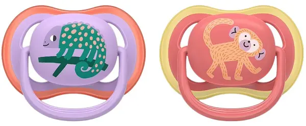 Suzete Philips Avent - Ultra Air, 18+luni, cu cutie, 2 buc, cameleon violet/maimuță portocalie