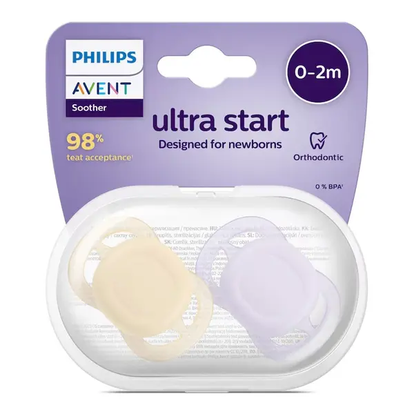 Suzete Ultra Start, 0-2 luni, SCF075/11, Mov/Portocaliu, 2 bucati, Philips Avent