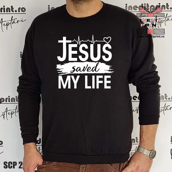 Sweatshirt Jesus saved my life SCP2 M, Negru