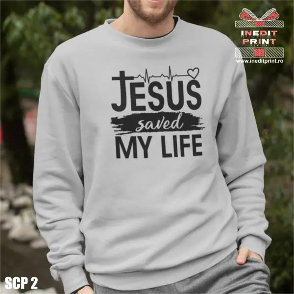 Sweatshirt Jesus saved my life SCP2 S, Gri