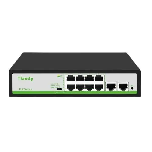 Switch 10 porturi Tiandy, 8 porturi PoE, 2x RJ45, putere PoE 90W, 2Gbps, protectie supratensiune