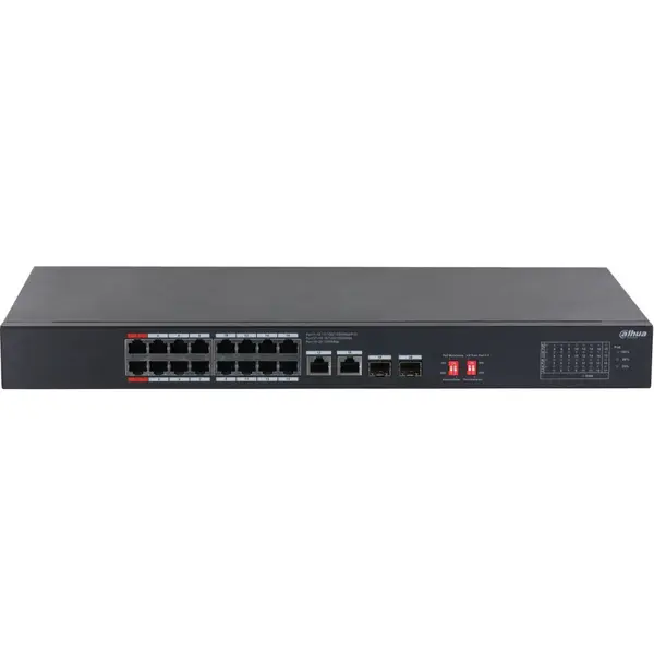 Switch 20 porturi Gigabit Dahua S3220-16GT-190, Unmanaged, 16xPoE, 2x uplink, 2x SFP 1000 Mbps, HiPoE, Watchdog
