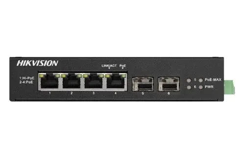 Switch 4 porturi Gigabit PoE, 2 porturi uplink SFP, Hikvision DS-3T0506HP-E-HS