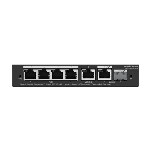 Switch 4 porturi PoE+, 2 porturi GE, 1 port SFP, Gigabit, Cloud Management - Ruijie RG-ES206GS-P