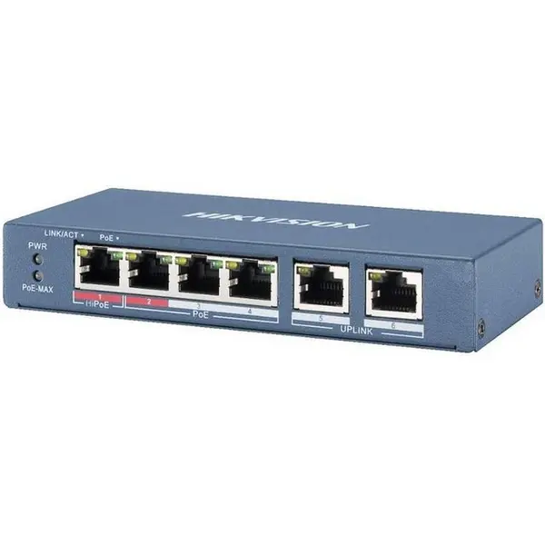 Switch 4 porturi PoE Hikvision DS-3E1106HP-EI, 4 100 Mbps PoE RJ45