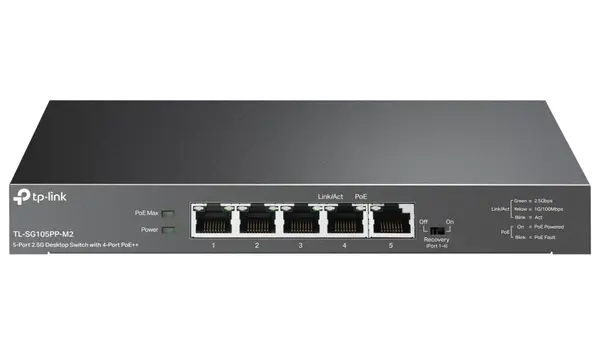 Switch 5 porturi Gigabit RJ45, Tp-Link TL-SG105PP-M2, 4x porturi PoE++, 123W, capacitate 25Gbps, plug and play