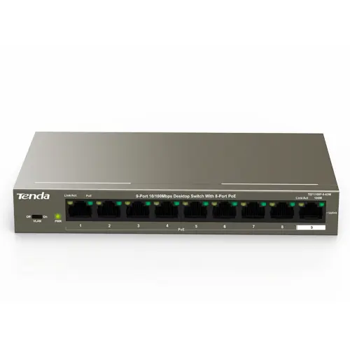 Switch 8 porturi PoE, 1 port uplink RJ45, 10/100Mbps - TENDA TND-TEF1109P-8-63W