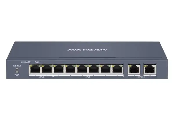 Switch 8 porturi PoE 10/100 Mbps + 2 porturi RJ45, Smart Manger, Hi-PoE, Carcasa metal, IP40, Hikvision DS-3E1310HP-EI