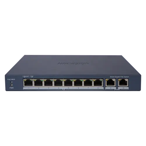 Switch 8 porturi PoE Gigabit, 2 porturi Gigabit, Smart Management - Hikvision DS-3E1510P-EI