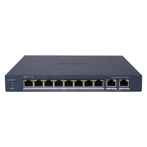 Switch 8 porturi PoE Gigabit Hikvision DS-3E1510P-EI, 2 porturi uplink Gigabit, Smart Management
