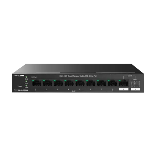 Switch 8 x RJ45 1G PoE, 1 x SFP 1G, 1 x RJ45 1G, 120W, Cloud Management - IP-COM G2210P-8-120W
