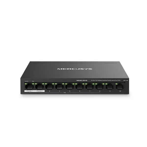 Switch cu 10 porturi Mercusys MS110P, 2000 MAC, 10/100Mbps, 8 porturi PoE+, buget PoE 65W, fara management
