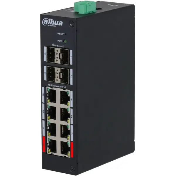 Switch cu 12 porturi Dahua HS4412-8ET-120, 8xPoE 10/100 Mbps, 4 SFP 1000 Mbps uplink, PoE watchdog, managed