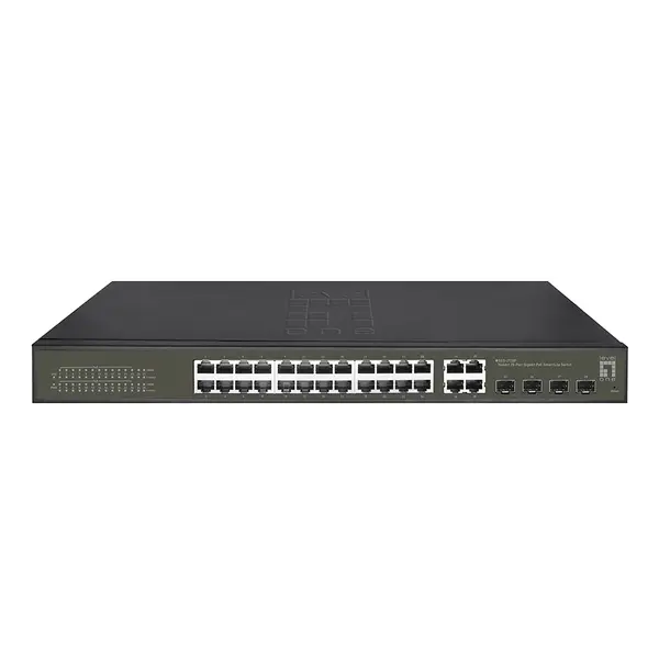Switch cu 24 porturi RJ45 1000 (PoE+) + 4 porturi SFP/RJ45 Combo Schrack QLGES2128P, 19 inch, 380 W, cu management