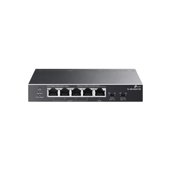 Switch cu 5 porturi Gigabit TP-Link TL-SG1005P-PD, 10 Gbps, 7.44 Mpps, 250 m, plug&play, PoE+