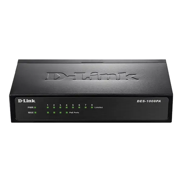Switch cu 8 porturi D-Link DES-1008PA, 1.6 Gbps, 200 Mbps, 1000 MAC, fara management