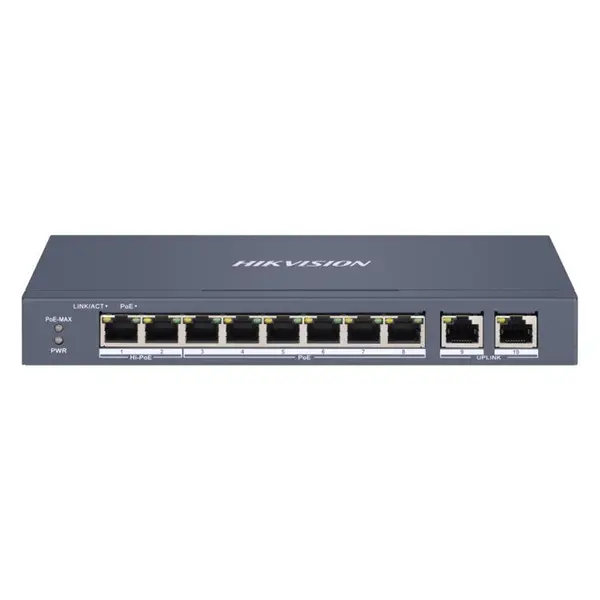 Switch cu 8 porturi PoE Hikvision DS-3E1310HP-EI, 16000 MAC, 9.2 Gbps, Hi-PoE, cu management