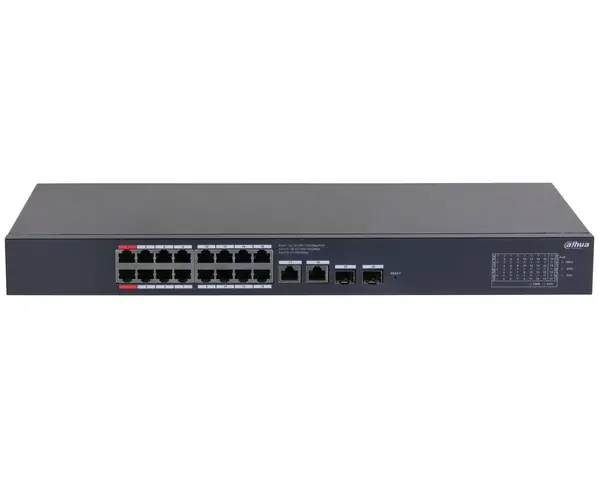Switch Dahua CS4220-16GT-135, 20 porturi, 16x PoE, 2x RJ45 Gb uplink, 2x SFP Gb uplink, 135W, management, Watchdog, montare in rack