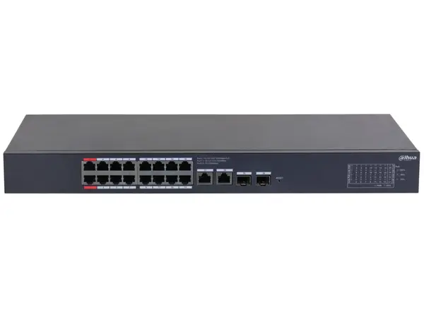 Switch Dahua CS4220-16GT-240, 20 porturi, 16x PoE Gb, 2x RJ45 Gb, 2x SFP Gb, 240 W, cu management, Watchdog