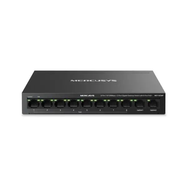 Switch desktop Mercusys 8-Port 10/100 Mbps + 2-Port Gigabit Desktop Switch with 8-Port PoE+, IEEE 802.3x Flow Control, 5.6 Gbps