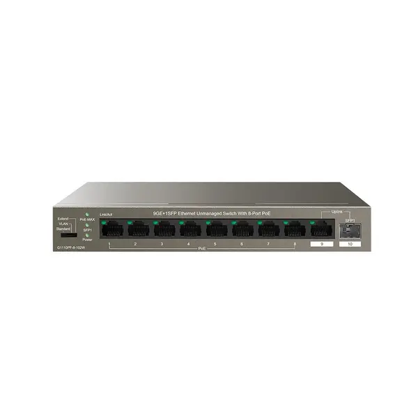 Switch Gigabit PoE cu 8 porturi IP-COM G1110PF-8-102W, 1 RJ45 + 1 SFP, buget 92 W, 20 Gbps, plug and play, fara management