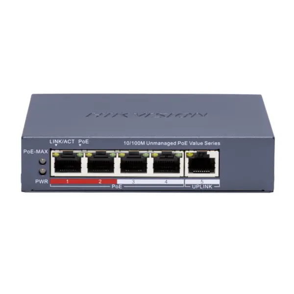 Switch Hikvision, 4 porturi, Fast Ethernet, fara management, PoE, capacitate switching 1 Gbps - DS-3E0105P-E/M(C)