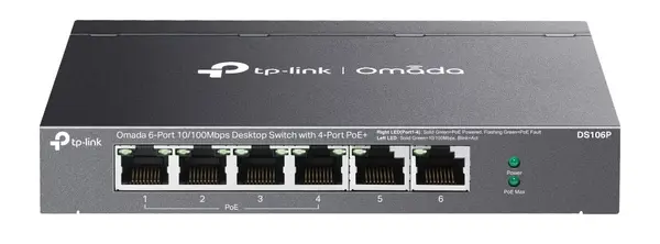 Switch PoE 6 porturi 10/100, TP-Link Omada DS106P, 4 porturi PoE+, pana la 67W, montaj desktop, fara management