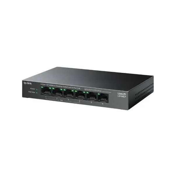 Switch PoE 6 Porturi Tp-Link LS106LP, 4x PoE+, 2x 10/100Mbps, max 41W, cu Extindere si Auto-Recovery, fara management