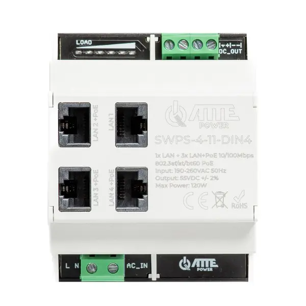 Switch PoE cu 4 porturi ATTE Power SWPS-4-11-DIN4, 10/100 Mbps, sursa alimentare, sina DIN