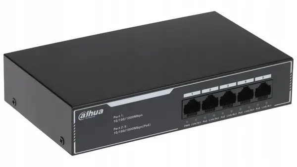 Switch PoE Dahua SG1005LP, 5 porturi Gigabit, 4xPoE, unmanaged, PoE 36W