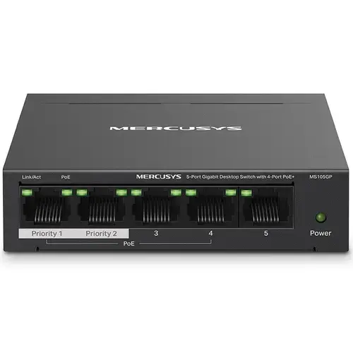 Switch PoE Desktop Mercusys MS105GP, 5 porturi Gigabit, 4 porturi PoE+ (Negru)