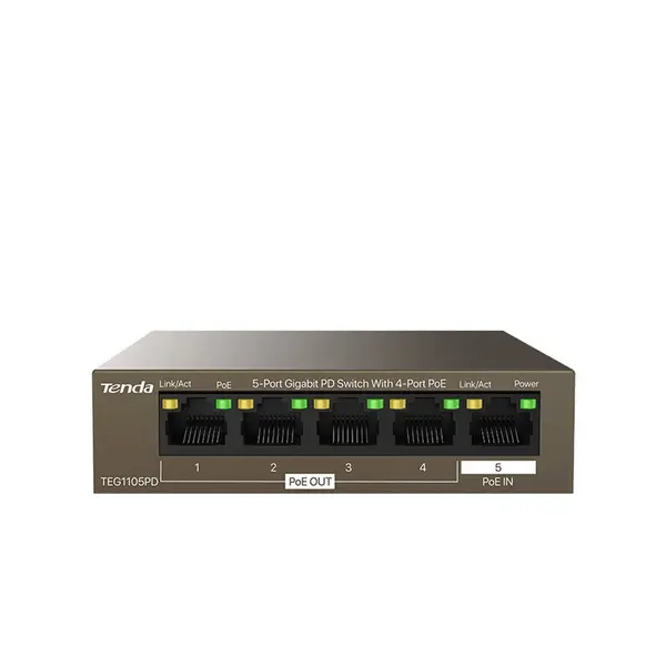 Switch PoE Gigabit cu 5 porturi Tenda TEG1105PD, 4x PoE OUT, 1x PoE IN, 22 W, 10 Gbps, fara management si alimentare