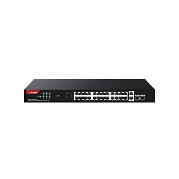 Switch PoE Gigabit rackabil IP-COM G1128P-24-410W, 24 porturi PoE+, 2 RJ45, 2 SFP uplink, buget 410 W, 56 Gbps, 1U, fara management