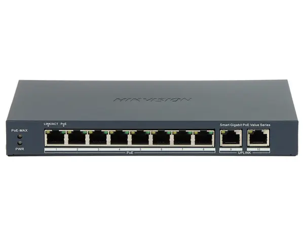 Switch PoE, Hikvision DS-3E1510P-EI/M, 8 porturi Gigabit Smart PoE, 2 porturi RJ45, 60W, cu management, transmisie 300m, protectie supratensiune 6KV