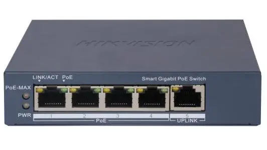 Switch PoE smart pentru camere IP Hikvision DS-3E1505P-EI, 4x Gigabit PoE + 1x uplink, 60W