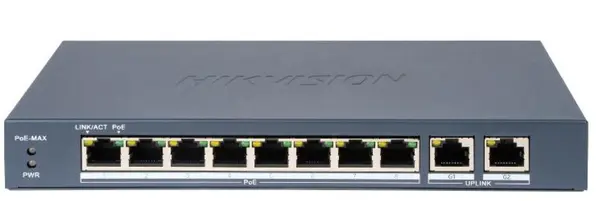 Switch PoE Unmanaged Fast Ethernet, 8 porturi 10/100 Mbps PoE, 2 porturi Gigabit, protectie 6kV, raza lunga 300m, Hikvision DS-3E0310P-E/M(B)