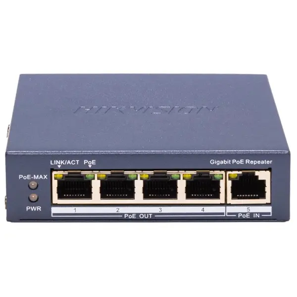 Switch-repetor cu 4 porturi PoE Gigabit Hikvision DS-3E0505P-E/R, 10 Gbps, 7.44 Mpps, 60 W, Layer 2, cu management