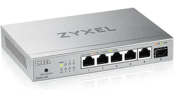 Switch retea birou Zyxel XMG-105-ZZ0101F, 5 porturi 2.5G, uplink 10G SFP+, fara management, QoS, montaj perete