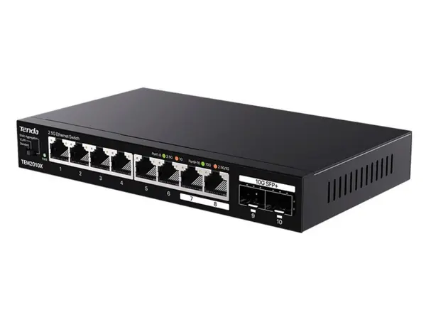 Switch retea Tenda TND-TEM2010X, 8 porturi 2.5GbE RJ45, 2 porturi 10GE SFP+, fara management, VLAN, agregare statica, metal, 80Gbps