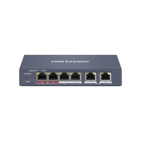 Switch smart cu 6 porturi Hikvision DS-3E1106HP-EI, 1.2 Gbps, 0.90 Mpps, PoE, cu management