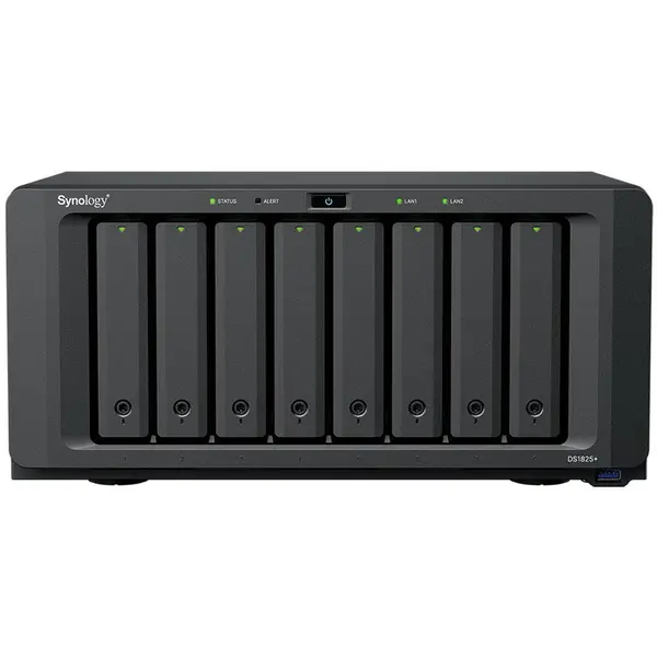 Synology NAS Synology DS1825+, 8 Bay-uri, AMD Ryzen V1500B 2.2GHz, 8GB DDR4 ECC, 2 x 2.5GbE LAN, USB 3.2, PCIe, Negru