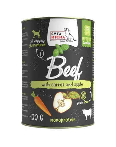 SYTA MICHA Chef hrană umedă monoproteică pentru câini cu vită, morcov, măr și busuioc 400 g